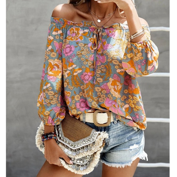 Rouge! Tops - Off The Shoulder Floral Print Boho Top Long Bishop Sleeves Relaxed